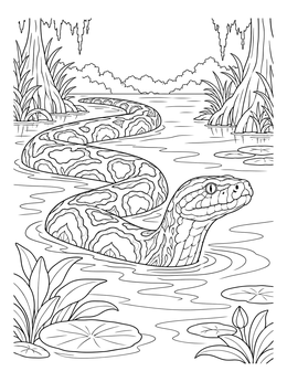 A detailed burmese python coloring page gliding gracefully through calm swamp waters.