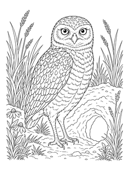 Detailed burrowing owl coloring page standing beside its burrow entrance among tall prairie grasses.