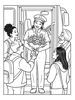 A smiling driver at the bus door holds a bouquet in this bus driver coloring page.