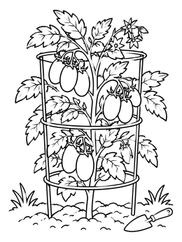 A leafy tomato coloring page with plum tomatoes growing in a garden cage.