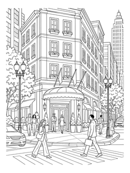Free printable Bustling Downtown Hotel Entrance coloring page