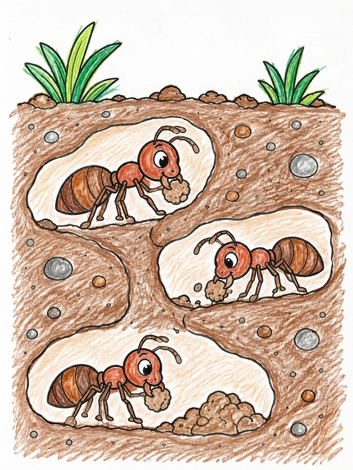 Colored example of the Busy Ants Digging Underground Tunnels coloring page