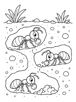 An ant coloring page showing cute cartoon ants carrying pebbles inside underground burrows.