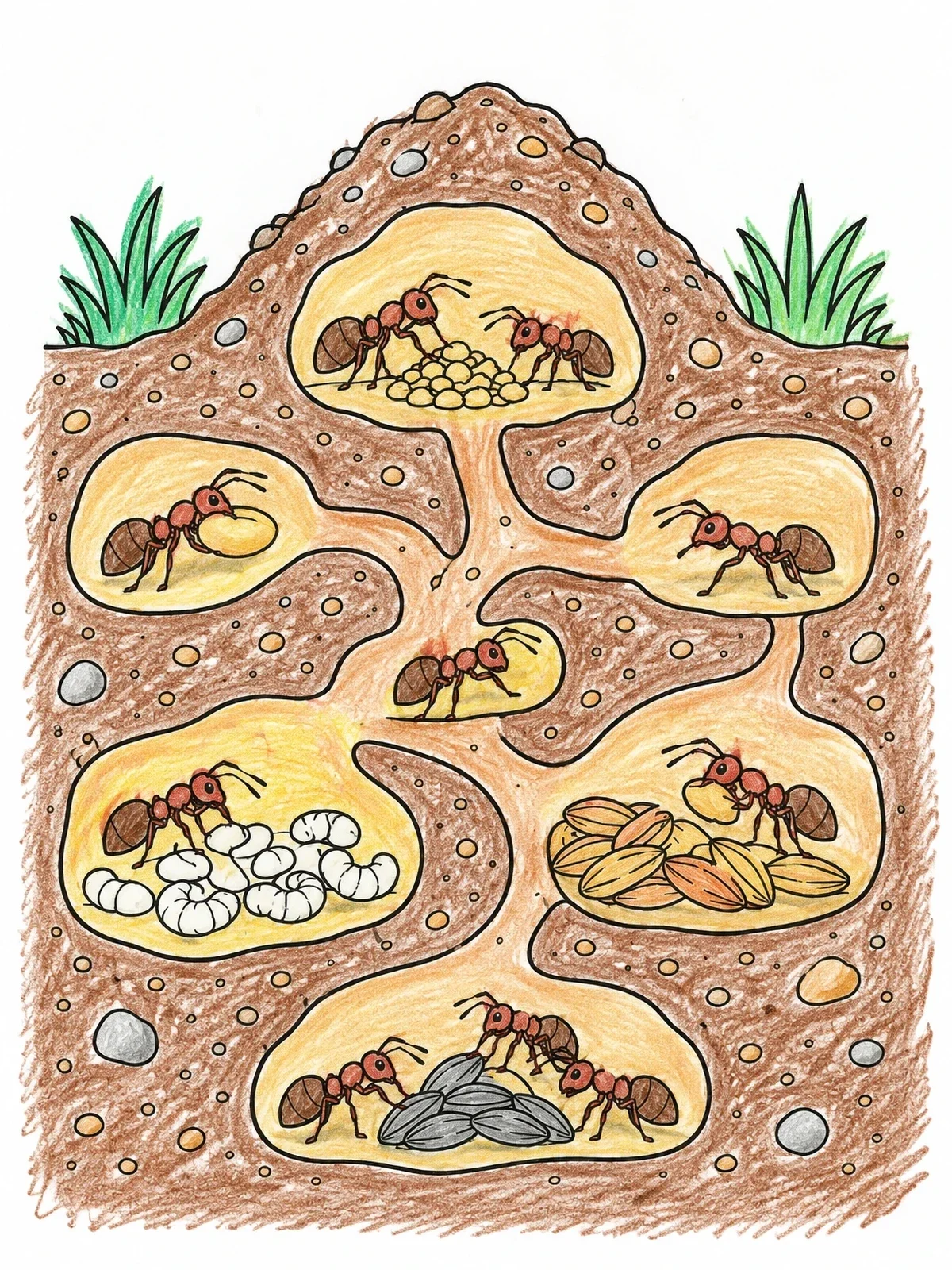 Colored example of the Busy Ants Inside Anthill Tunnels coloring page
