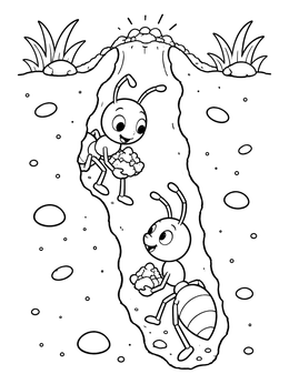 Two friendly ants meeting in a tunnel on this ant coloring page.