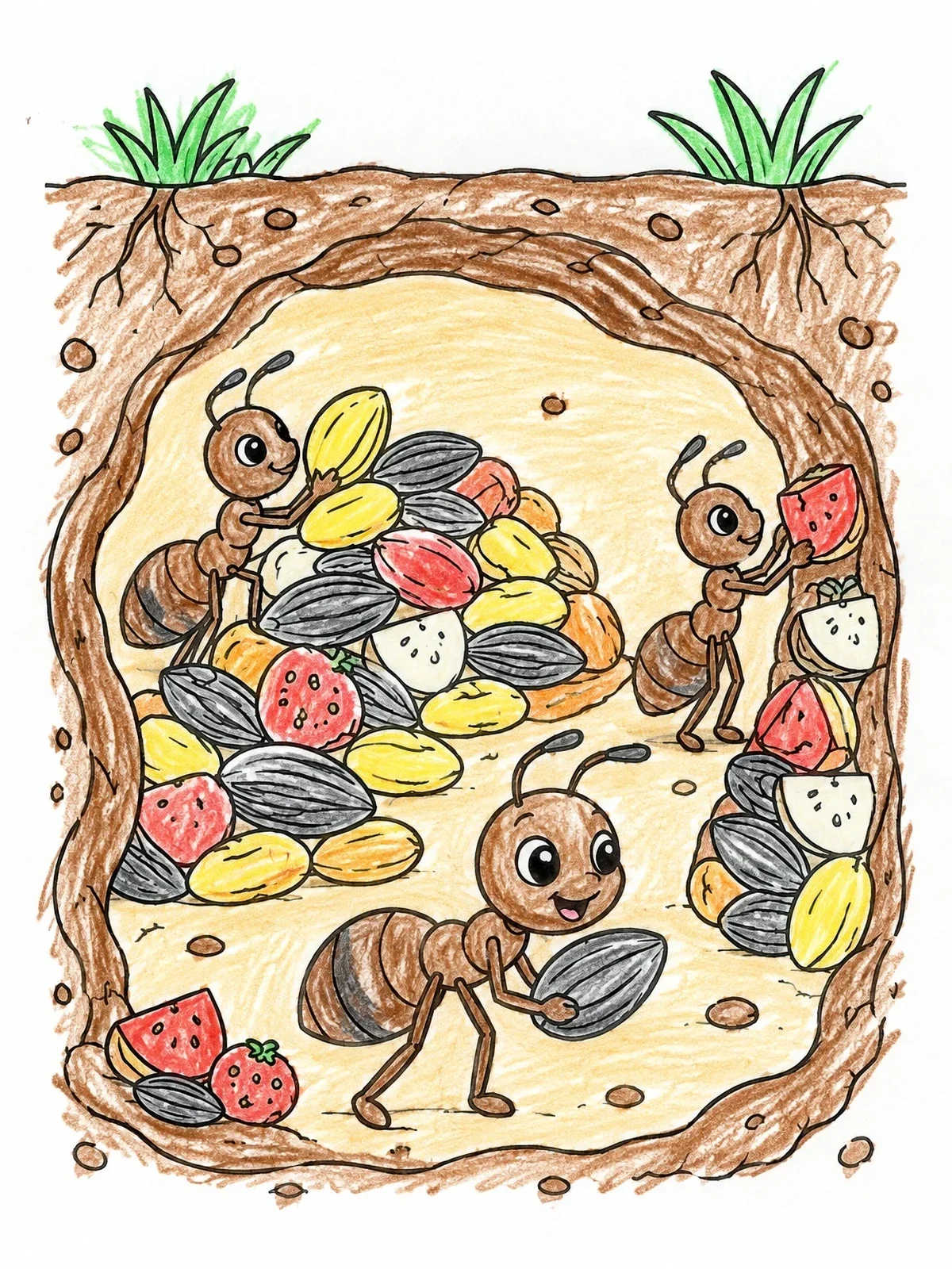 Colored example of the Busy Ants In Underground Pantry coloring page