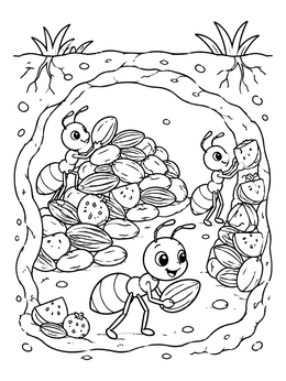 Cartoon ant coloring page featuring friendly ants storing seeds underground.