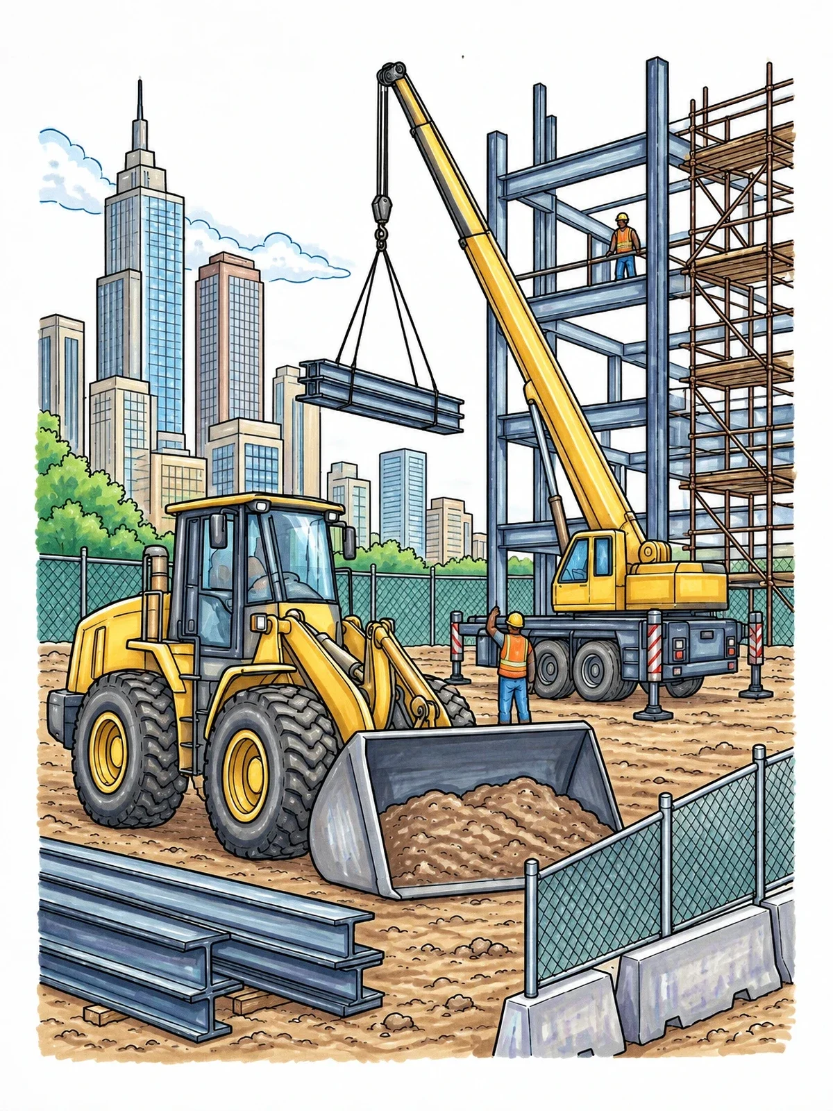 Colored example of the Busy City Construction Site coloring page