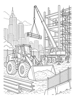 A detailed construction coloring page showing a crane lifting girders near a loader.