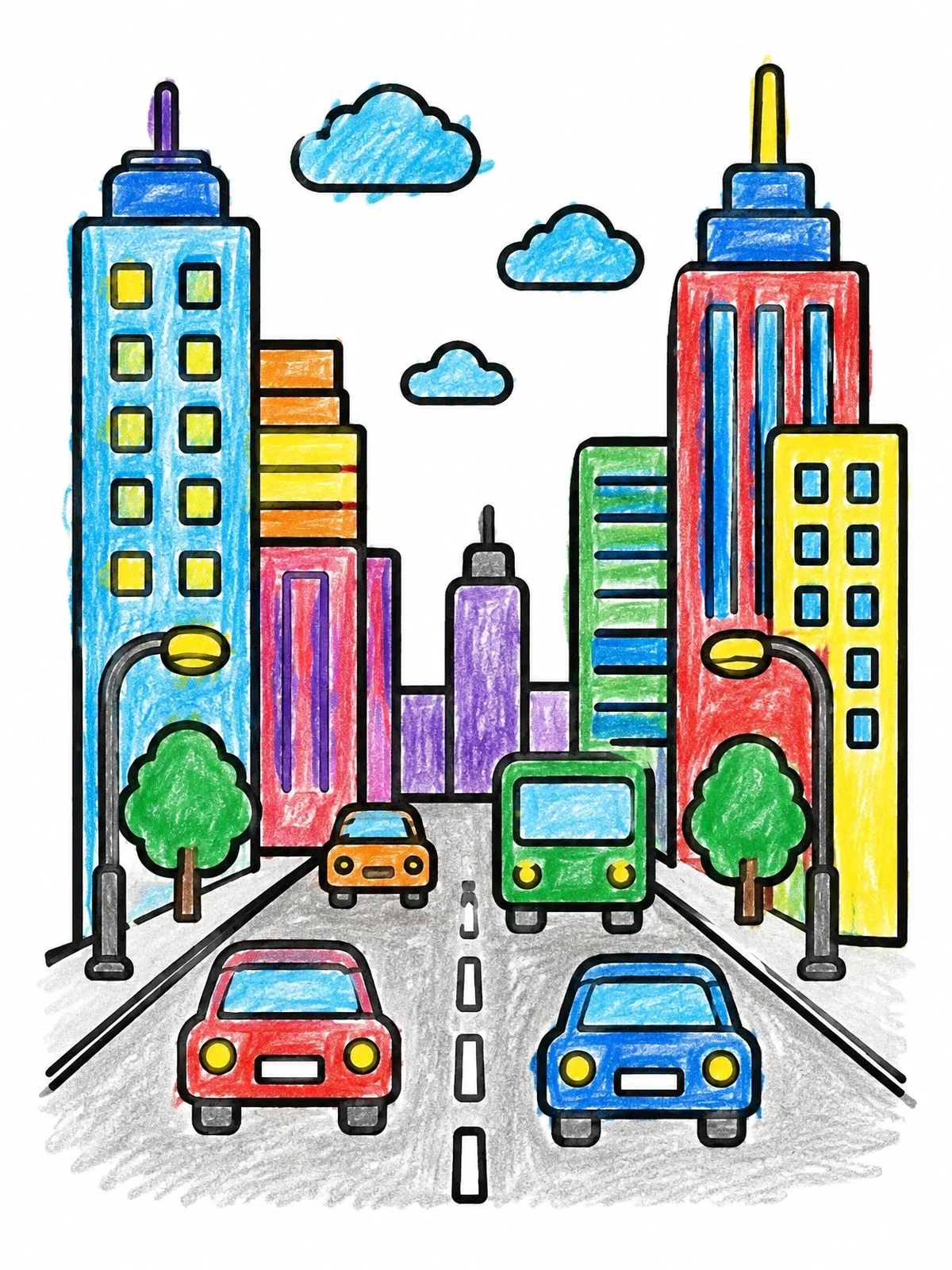Colored example of the Busy Downtown City Street coloring page