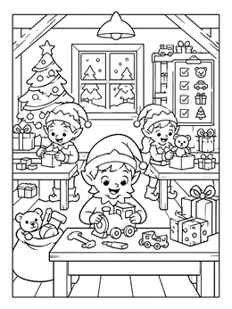 Free printable Busy Elves In Santa's Workshop coloring page