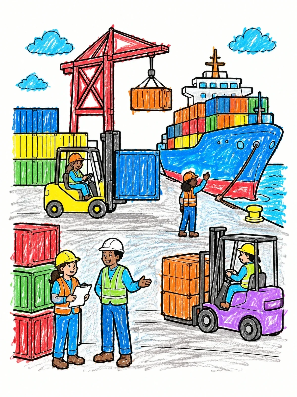 Colored example of the Busy Harbor And Cargo Ship coloring page