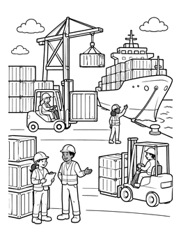 Free printable Busy Harbor And Cargo Ship coloring page