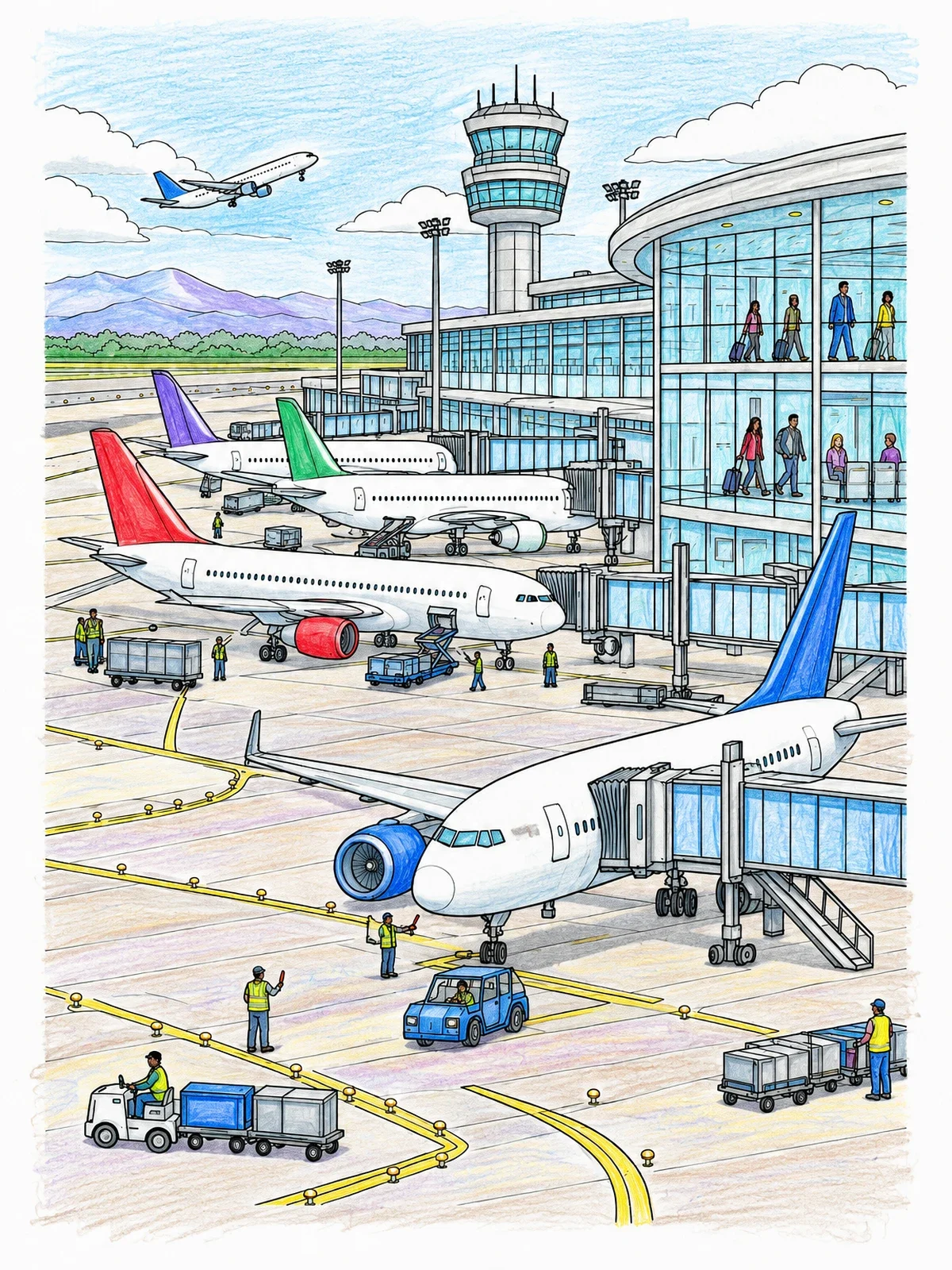 Colored example of the Busy International Airport Terminal coloring page
