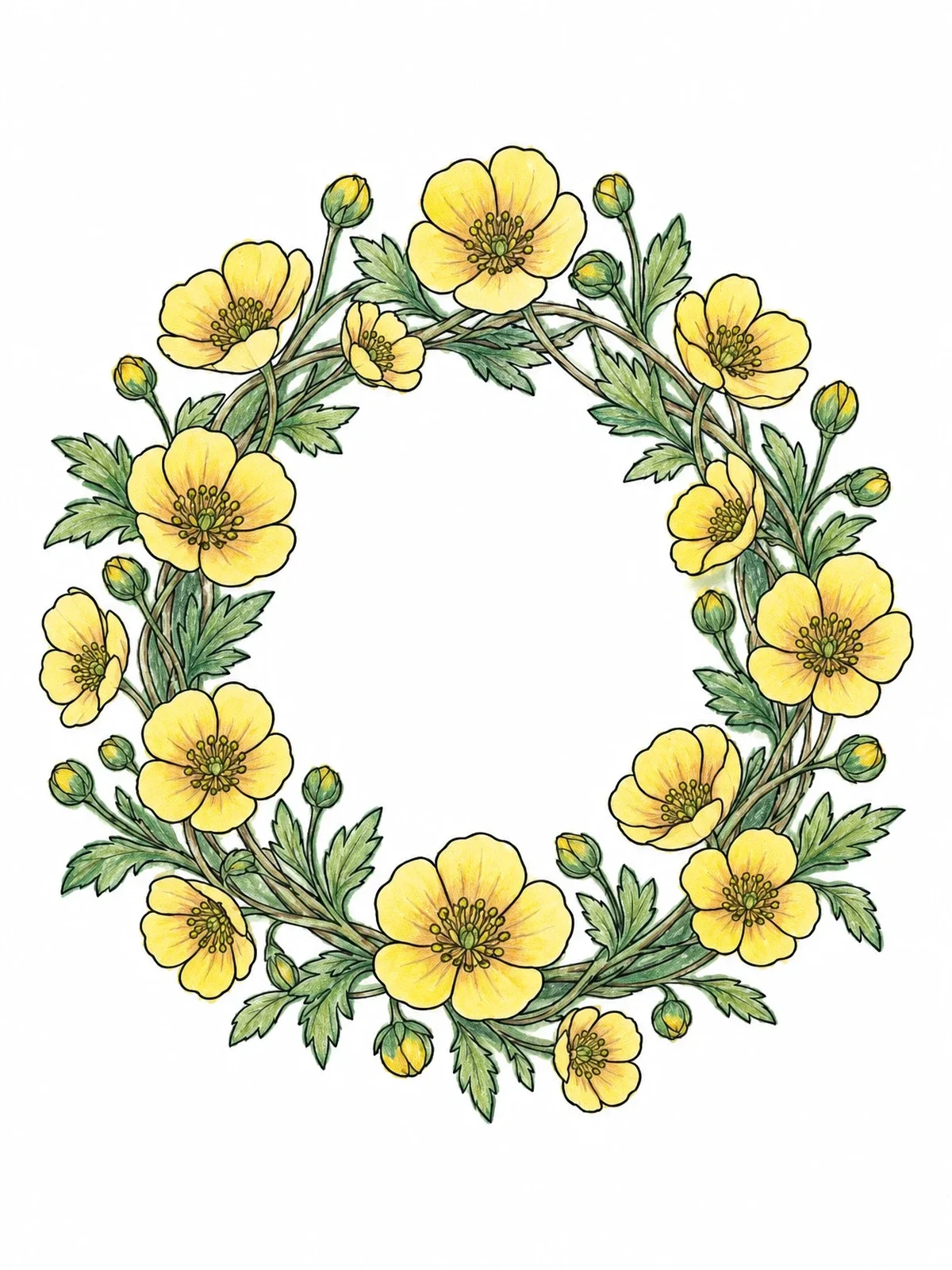 Colored example of the Buttercup Blossom Floral Wreath coloring page