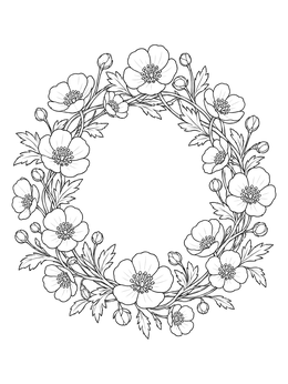 Detailed buttercup flower coloring page shaped into a delicate circular floral wreath.