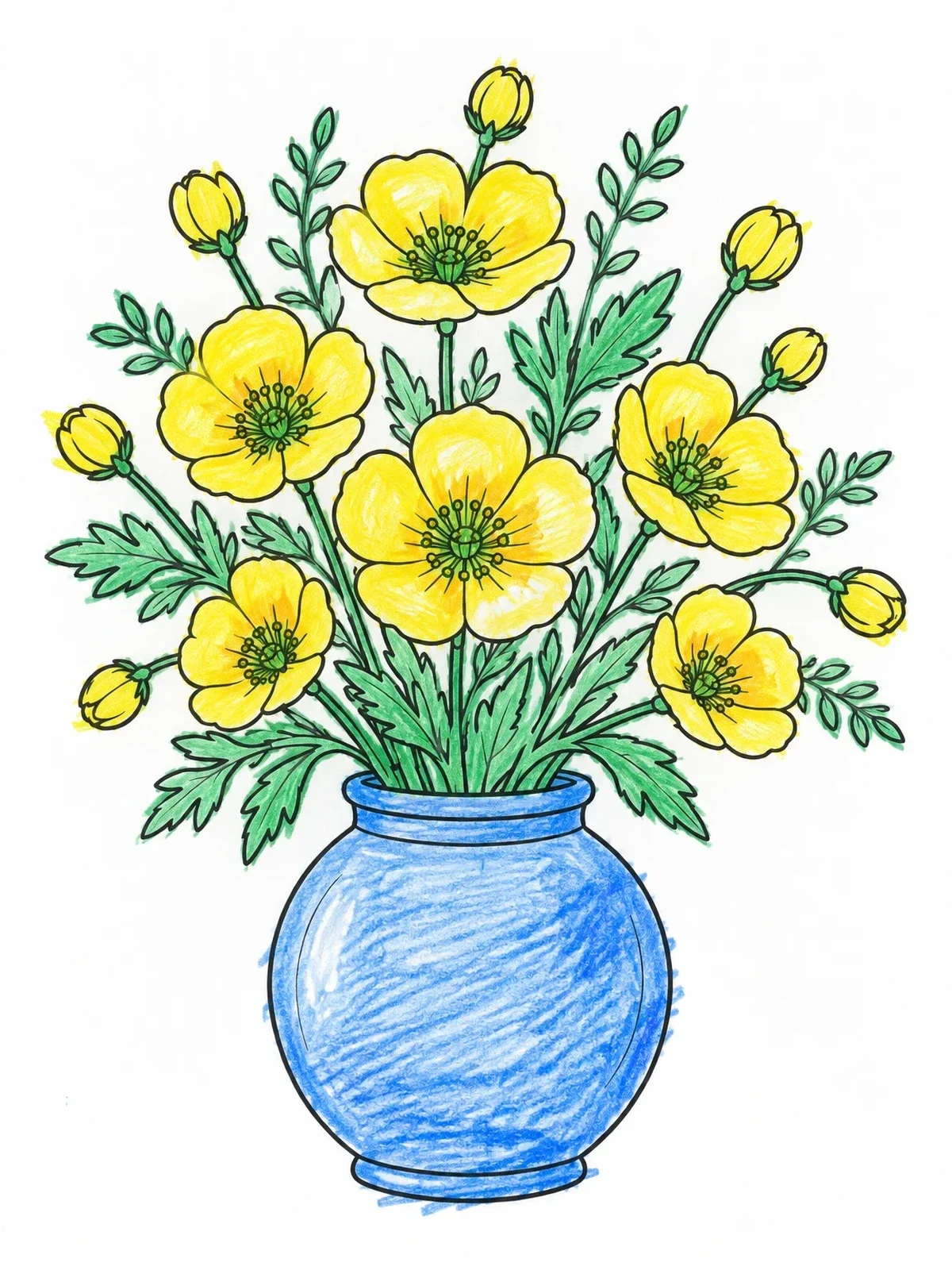Colored example of the Buttercup Bouquet In Ceramic Vase coloring page