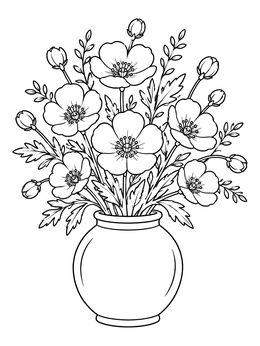 A buttercup flower coloring page featuring a blooming bouquet arranged in a round ceramic vase.