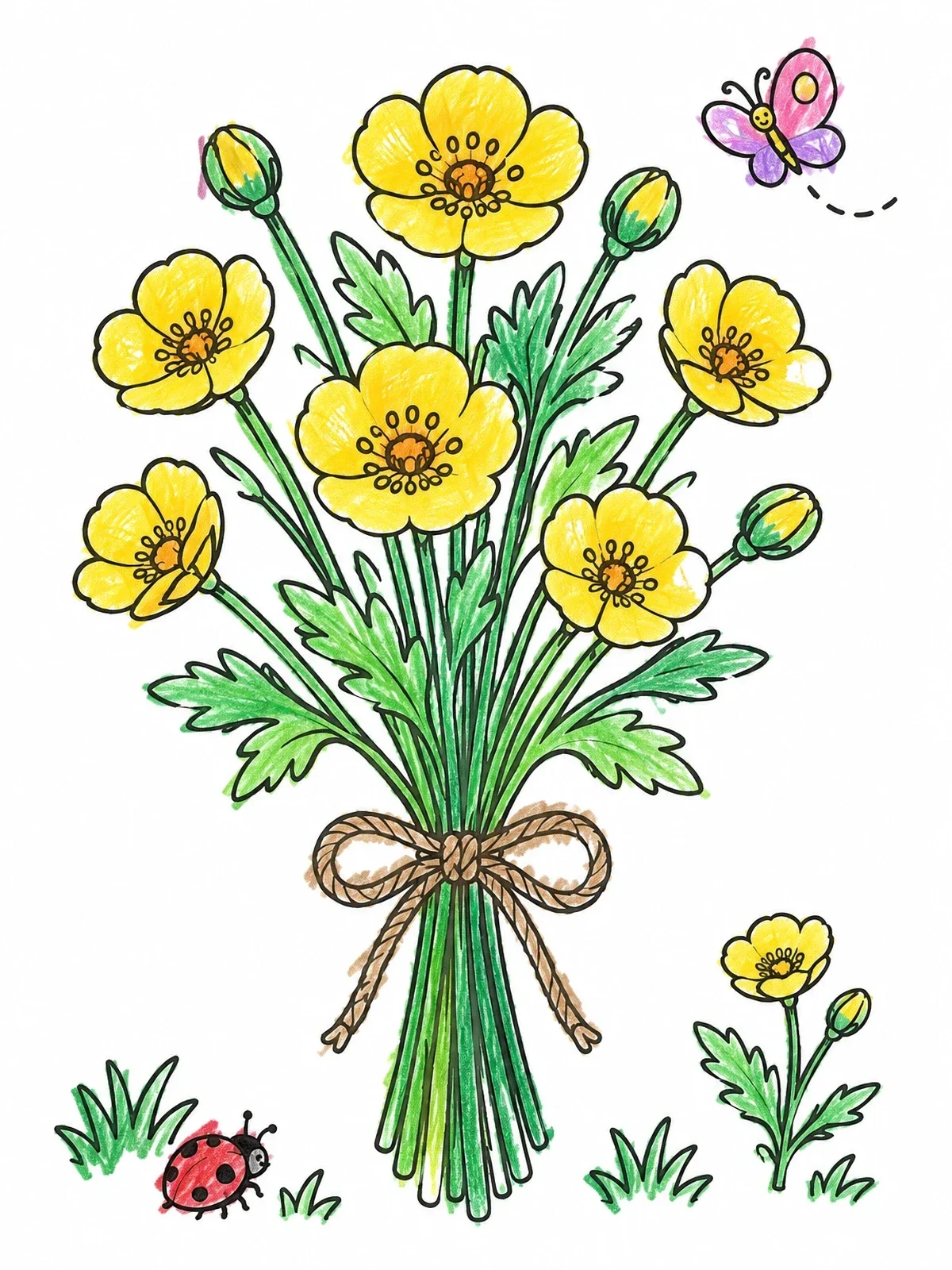 Colored example of the Buttercup Bouquet With Twine Bow coloring page