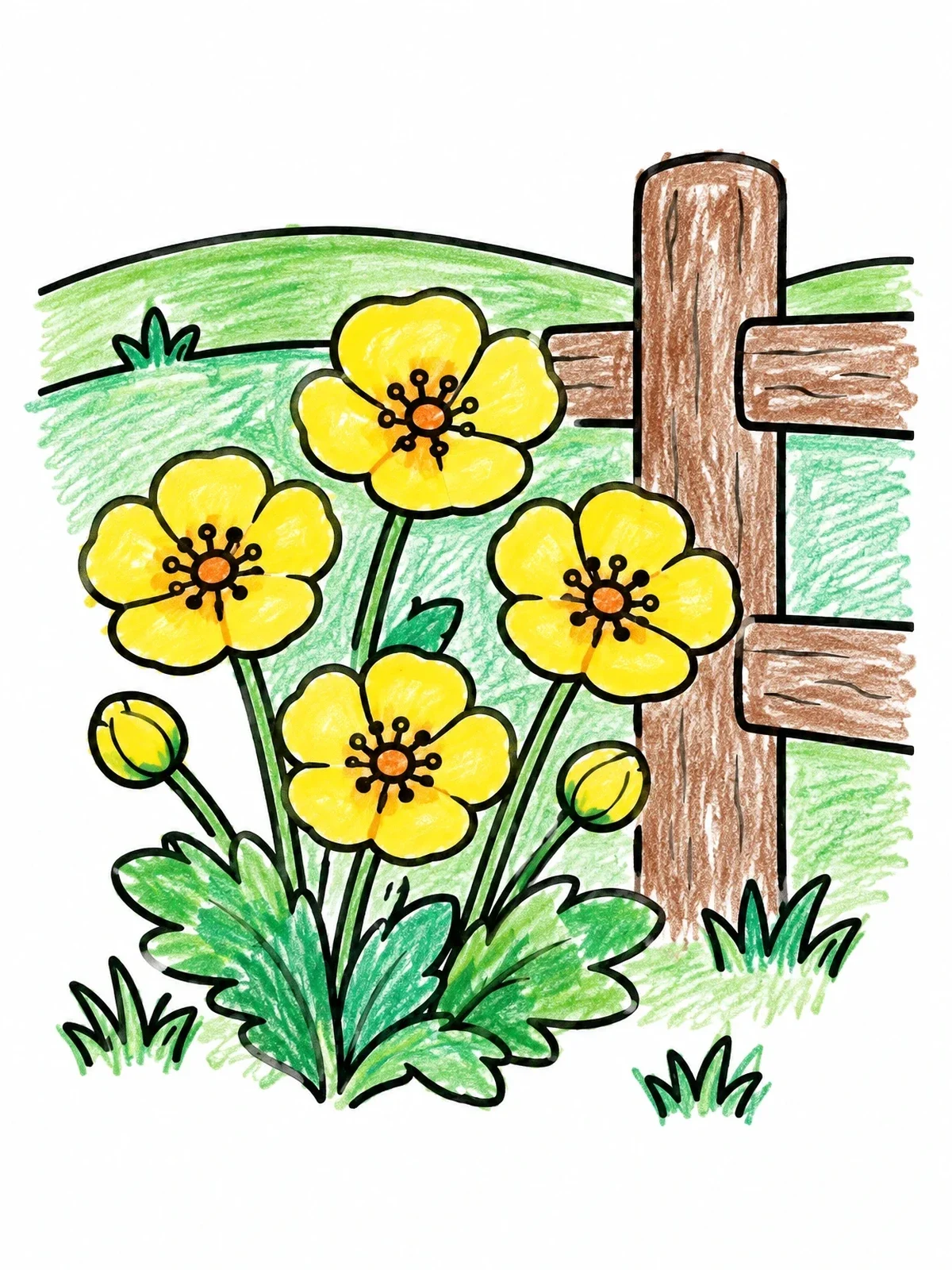 Colored example of the Buttercup Flowers By Rustic Fence coloring page