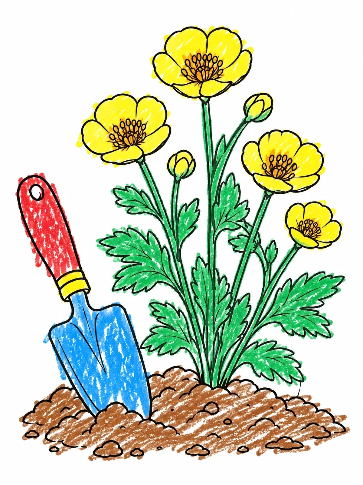 Colored example of the Buttercup Flowers With Garden Trowel coloring page