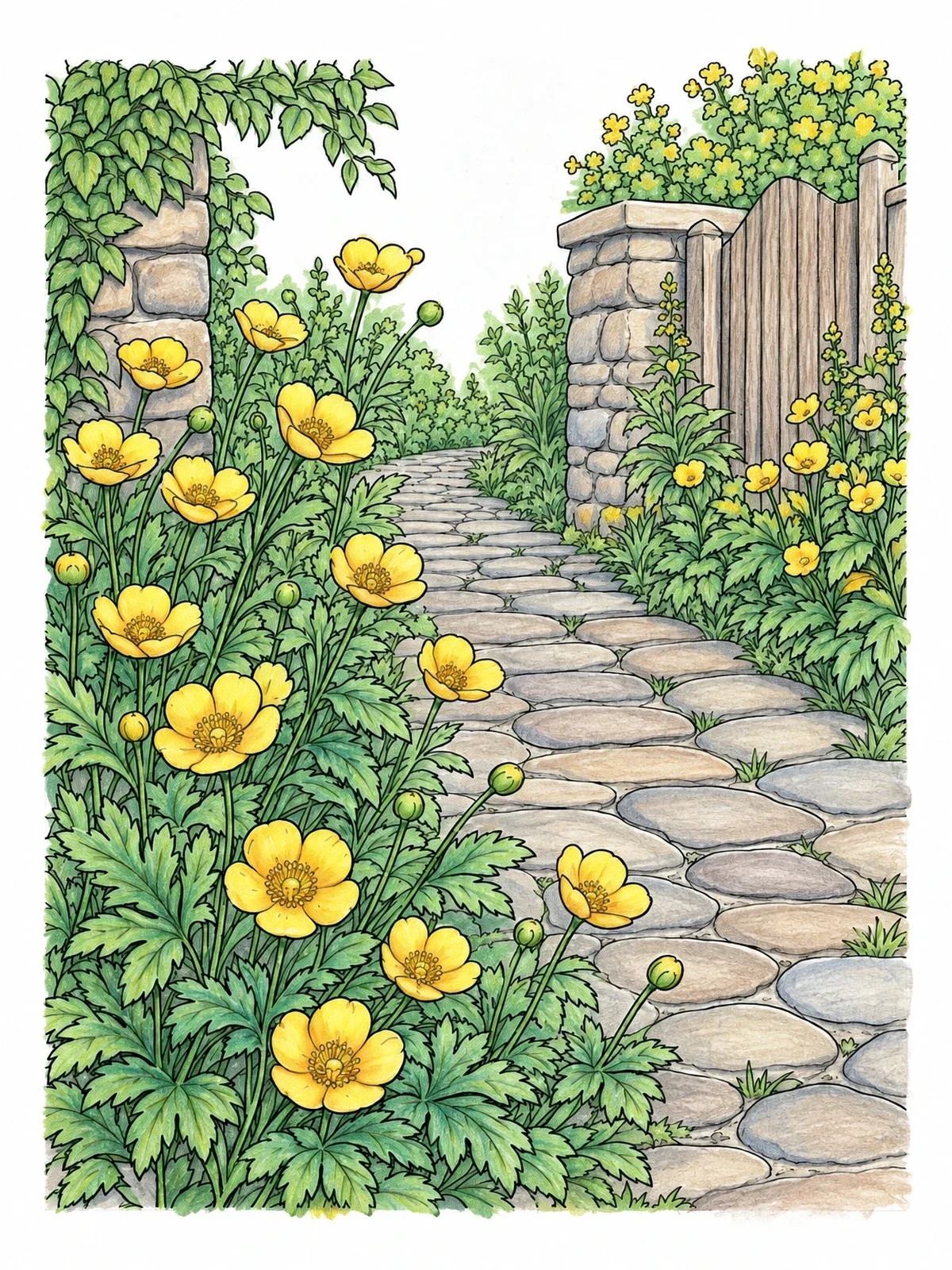 Colored example of the Buttercups Along A Garden Path coloring page