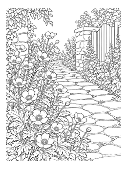 A buttercup flower coloring page depicting blossoms lining a stone path toward a gate.