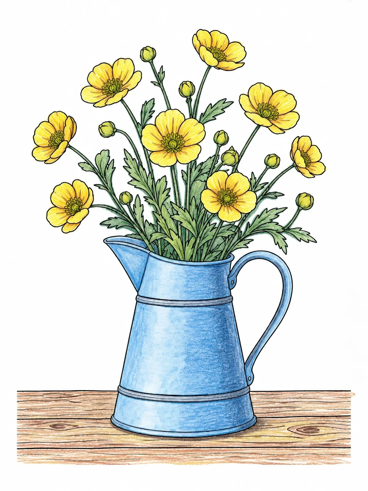 Colored example of the Buttercup Flowers In A Pitcher coloring page