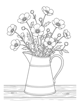 A buttercup flower coloring page showing fresh blossoms gathered in a rustic pitcher on a wooden table.