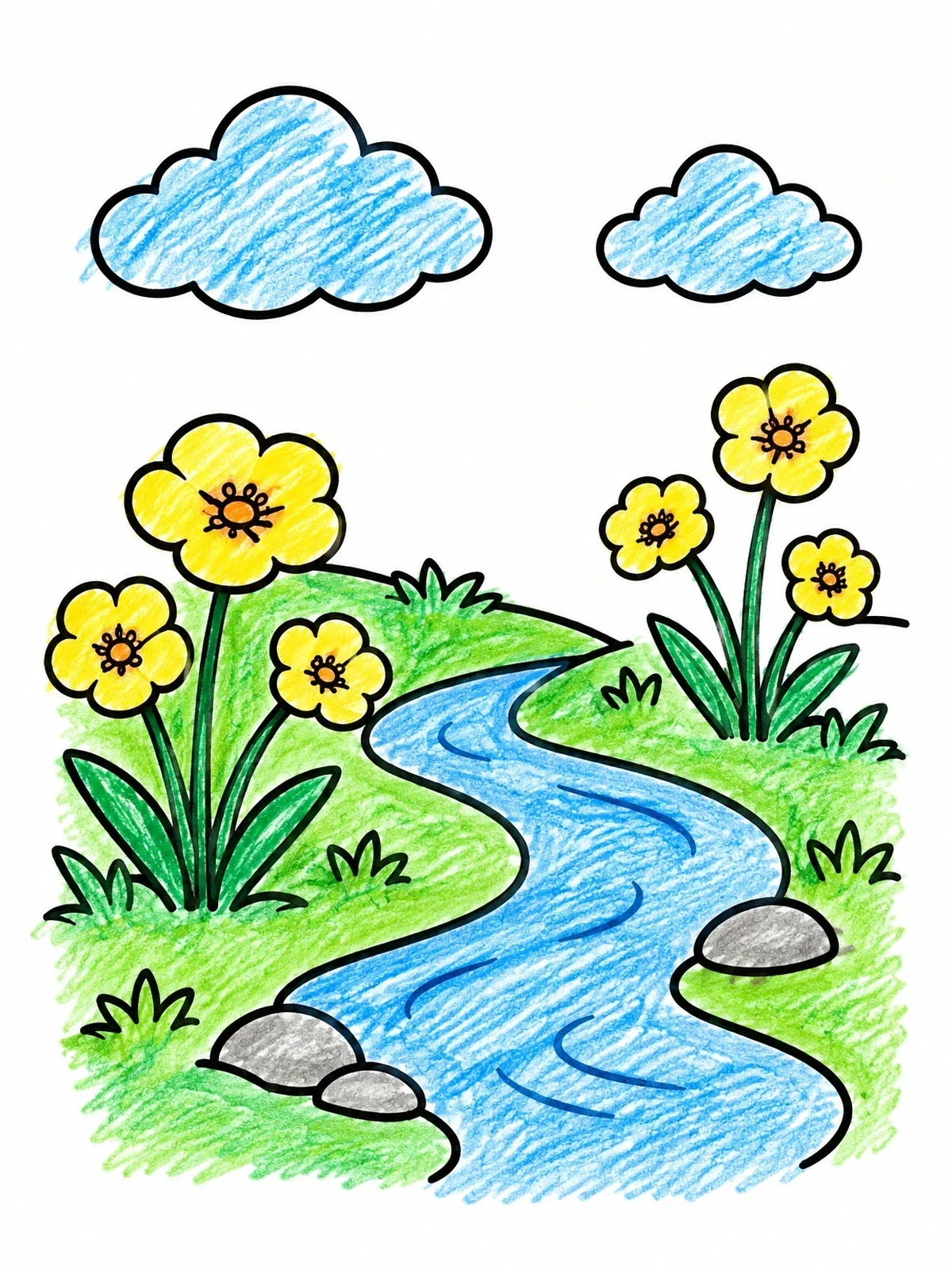Colored example of the Buttercups By The Flowing Stream coloring page
