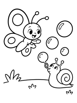 Free printable Cute Butterfly And Snail Blowing Bubbles coloring page