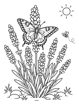 Free printable Butterfly On Blooming Lavender Plant coloring page