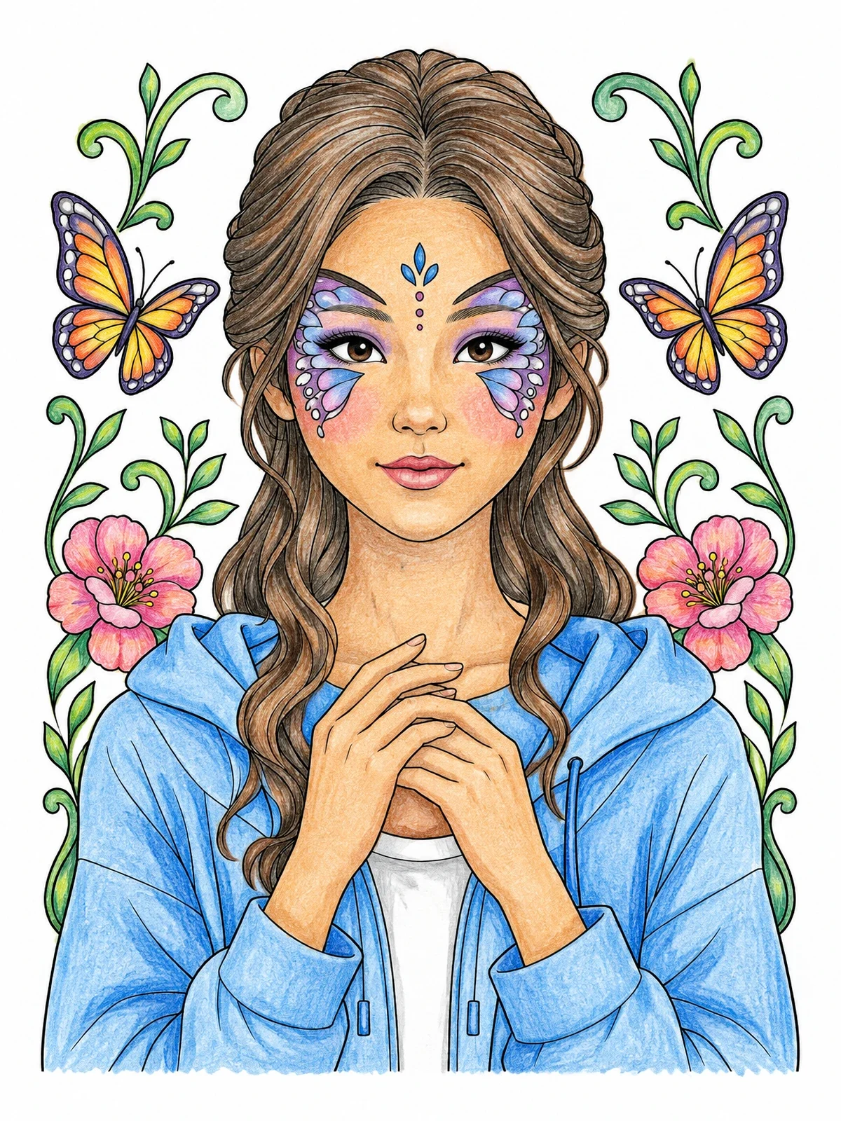 Colored example of the Butterfly Face Paint Portrait coloring page