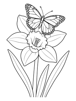 A detailed butterfly resting on petals in this daffodil flower coloring page.