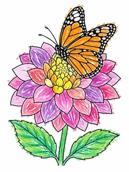 Butterfly On Blooming Dahlia Flower Coloring Page