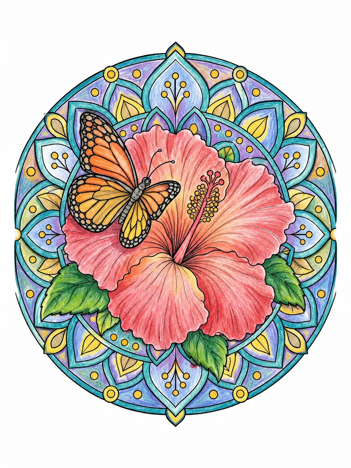 Colored example of the Butterfly On Hibiscus Flower Mandala coloring page