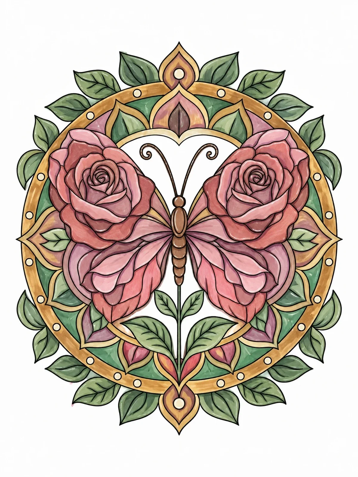 Colored example of the Butterfly Rose Mandala Tattoo coloring page