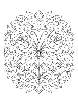 A decorative rose tattoo coloring page featuring a butterfly with rose petal wings in a mandala.