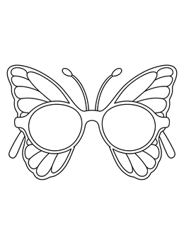 A creative sunglasses coloring page shaped like decorative butterfly wings with antennae.