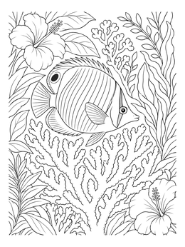 Free printable Butterflyfish Over Coral And Hibiscus coloring page