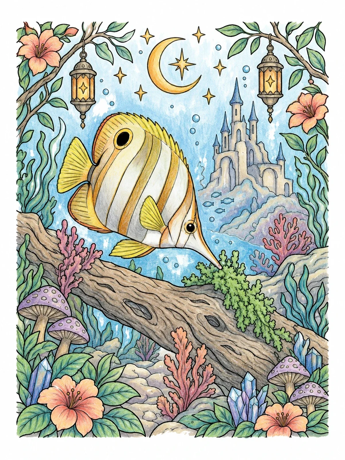 Colored example of the Butterflyfish In A Fantasy Underwater World coloring page