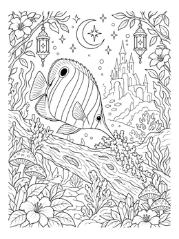 A butterflyfish swims near corals in this tropical coloring page with a fairytale castle background.