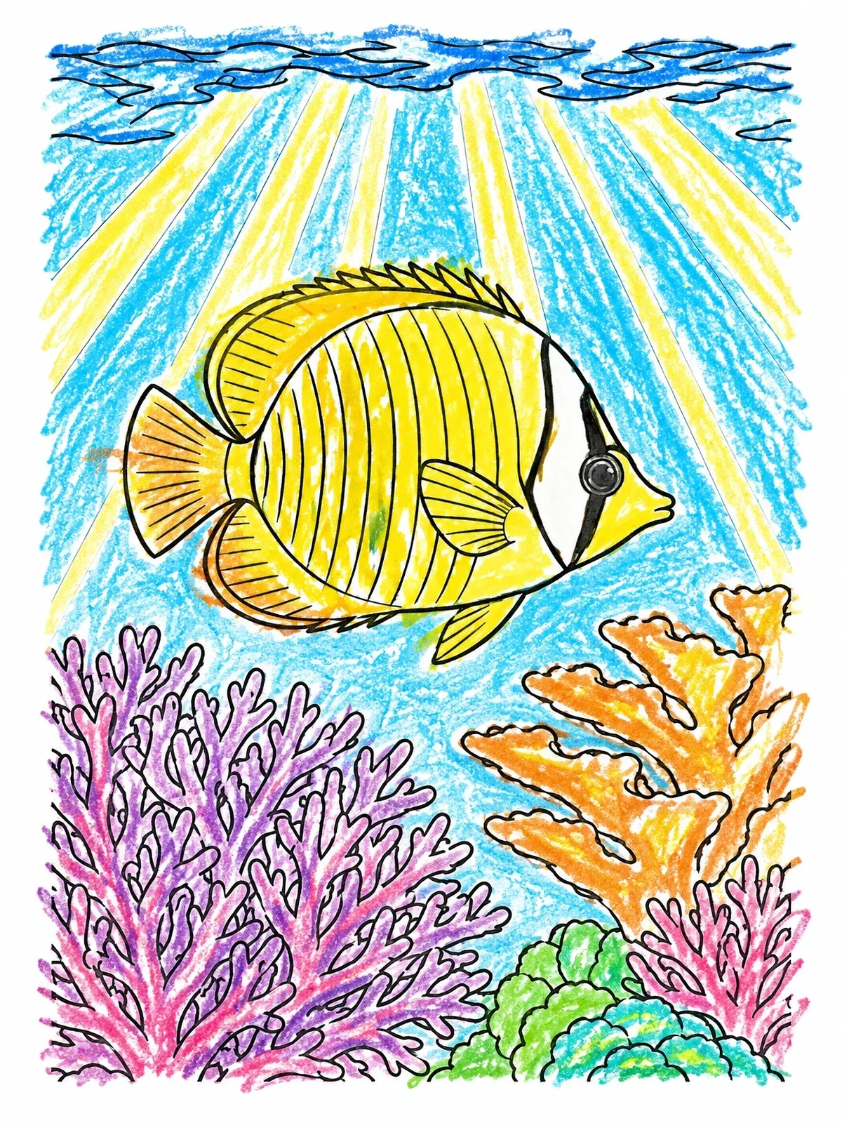 Colored example of the Butterflyfish Over Sunlit Coral Reef coloring page