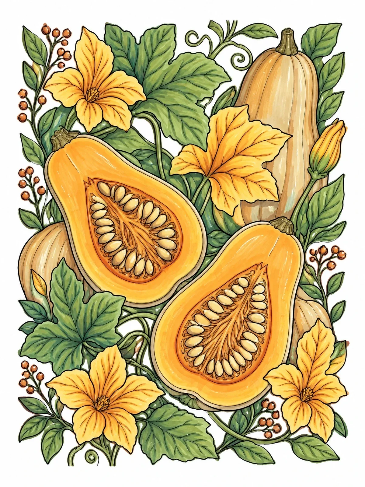 Colored example of the Butternut Squash With Blossoms And Leaves coloring page