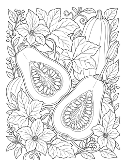 A detailed squash coloring page featuring halved squash, seeds, and leafy vines.