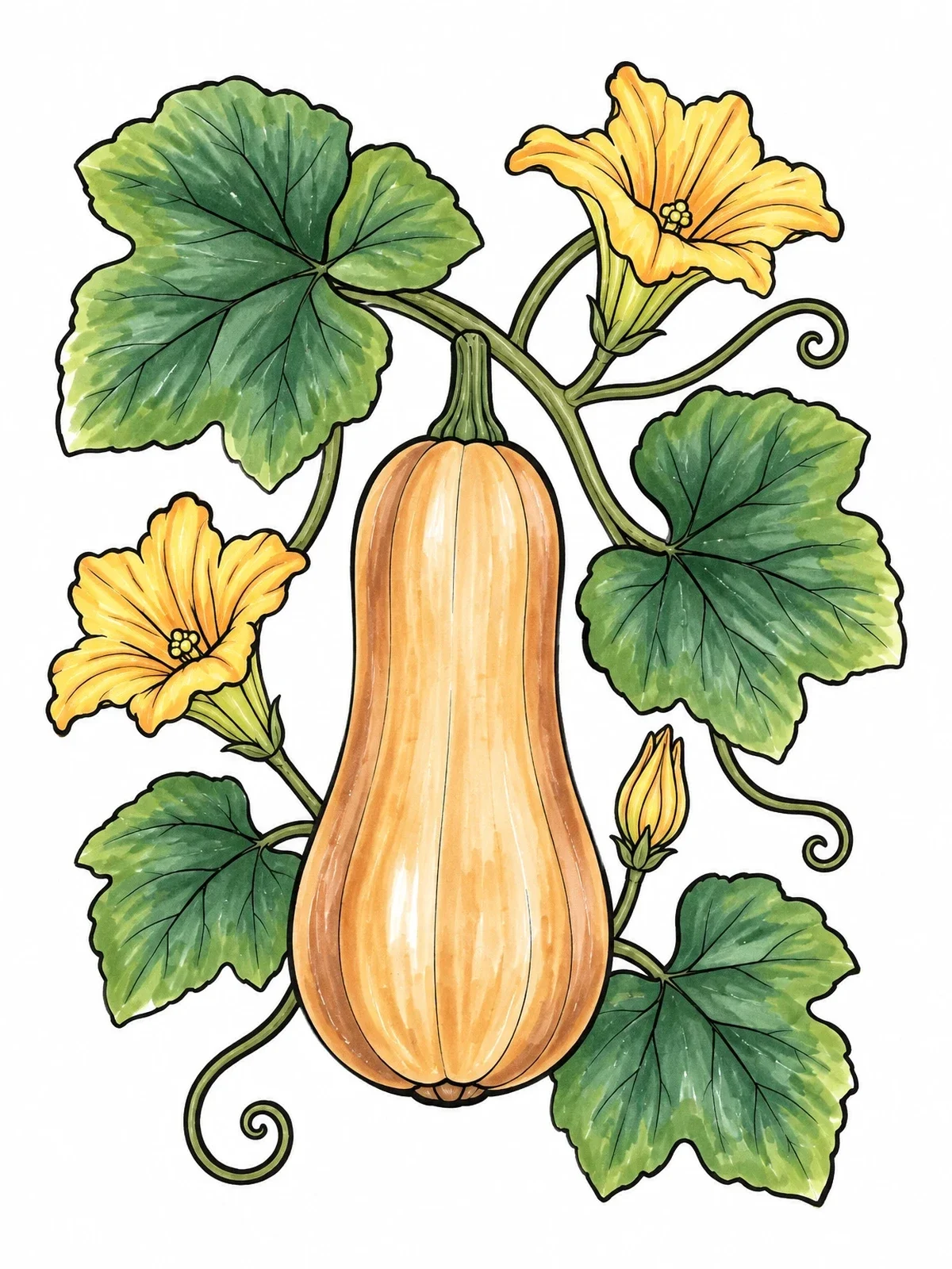 Colored example of the Butternut Squash On The Vine coloring page