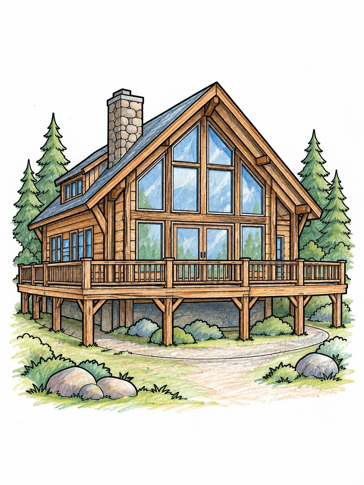 Colored example of the Timber Chalet With Wrap Deck coloring page