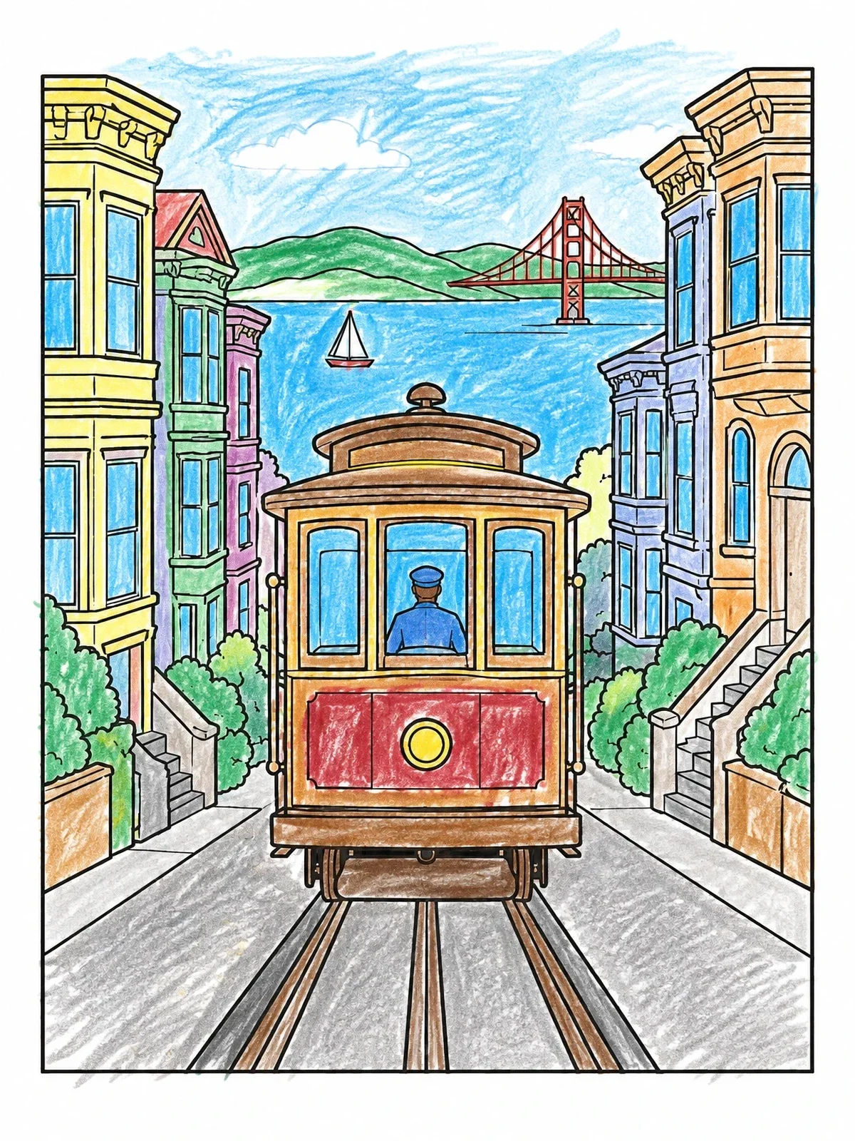 Colored example of the Cable Car On San Francisco Street coloring page