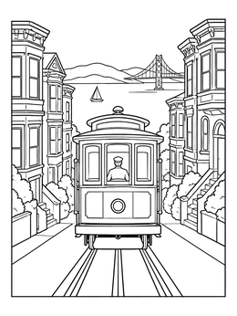 A vintage cable car heads down a steep street overlooking the bay in this cityscape coloring page.