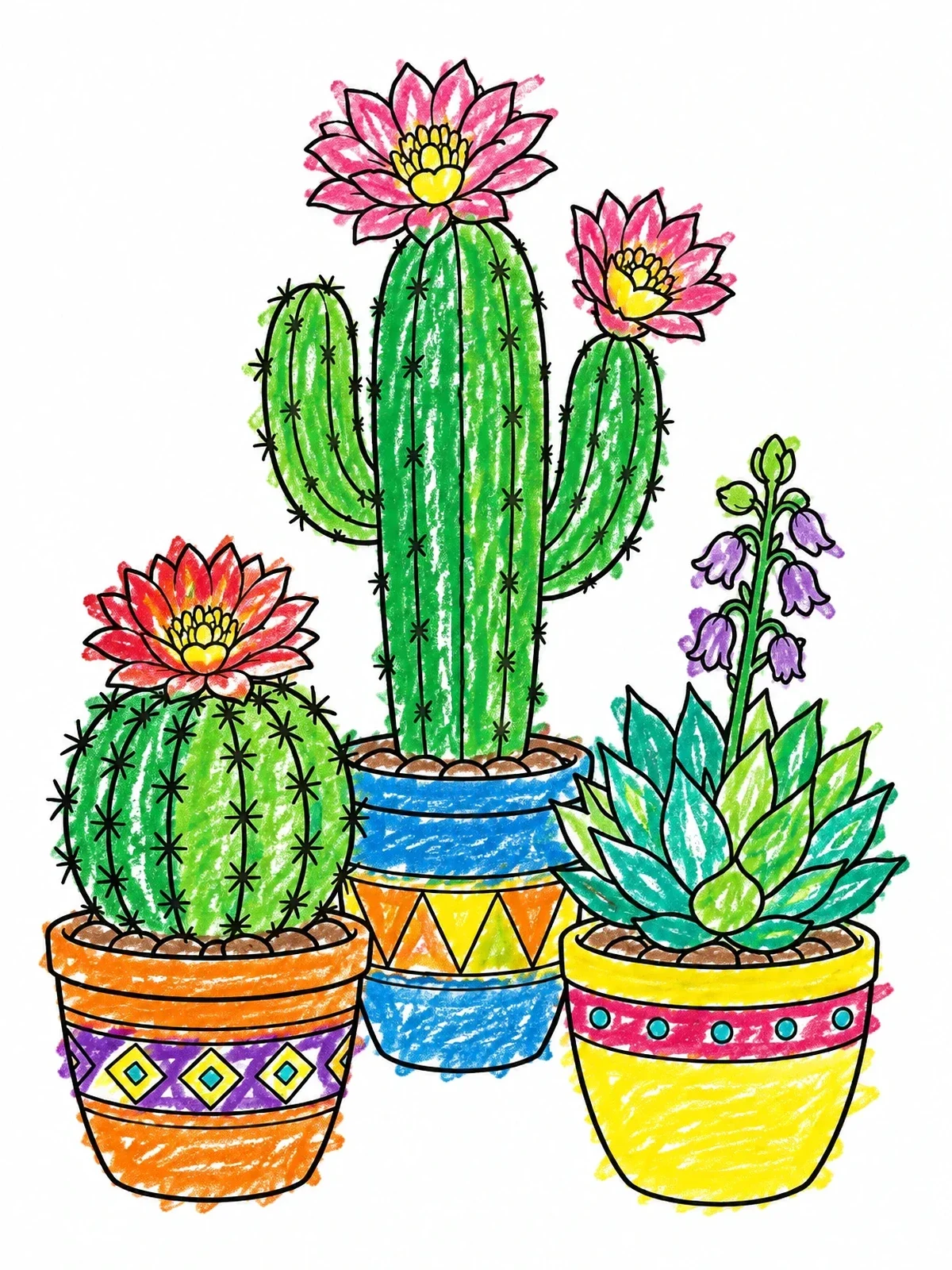 Colored example of the Blooming Desert Cacti In Pots coloring page